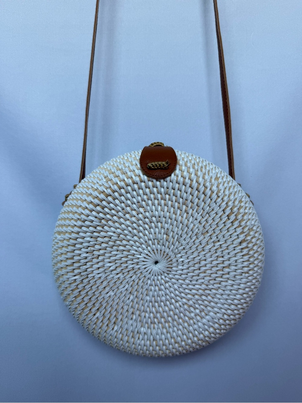 Round Rattan Crossbody Bag White Woven Straw Bali Style Purse